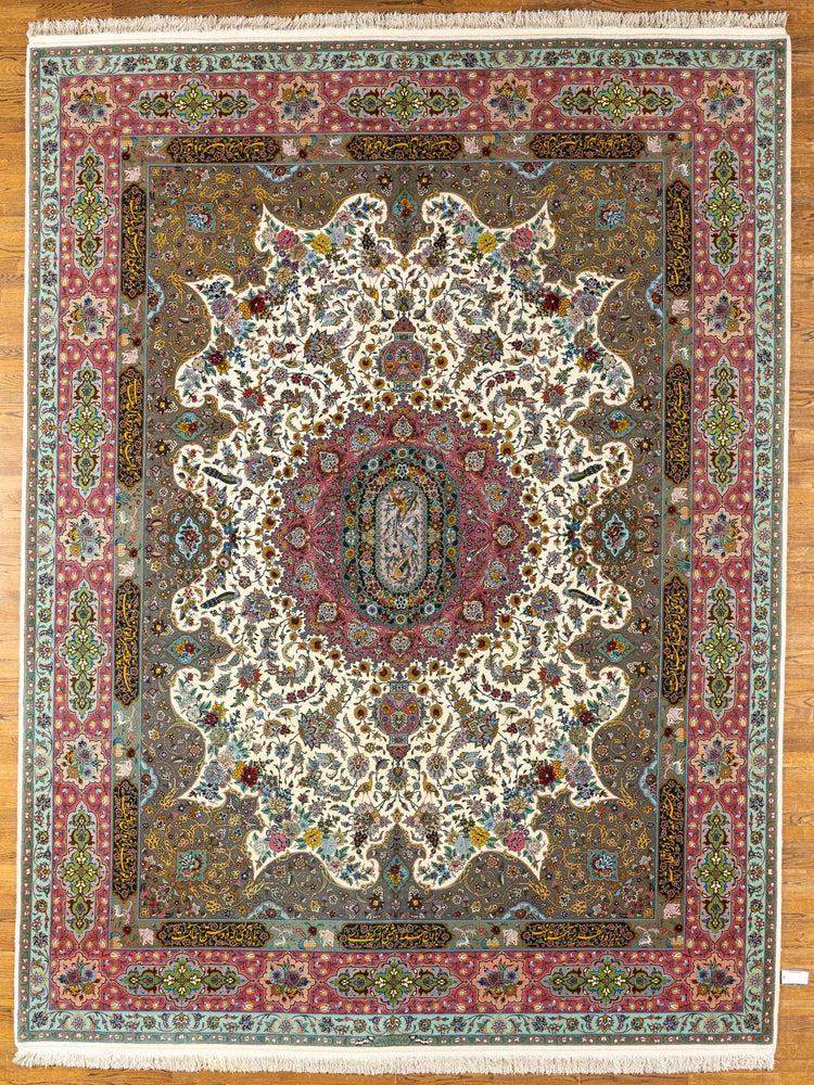 WOOL / SILK BLEND, TABRIZ, IVORY/ROSE (Rectangle) Origin: IRAN , Hand,knotted