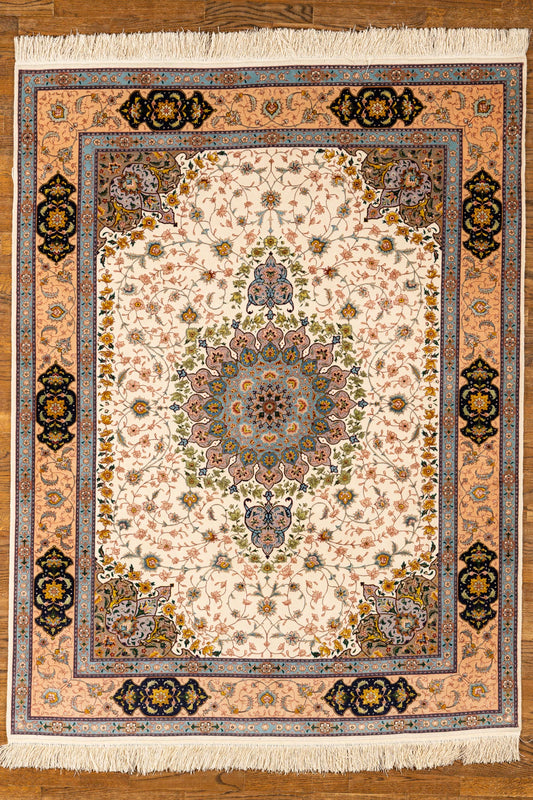 WOOL / SILK BLEND, TABRIZ, IVORY / MULTI COLOR (Rectangle) Origin: IRAN , Hand,knotted