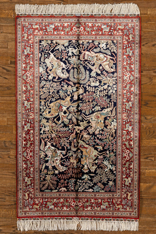 SILK, TABRIZ, NAVY / RED (Rectangle) Origin: IRAN , Hand,knotted "RUG Signed"