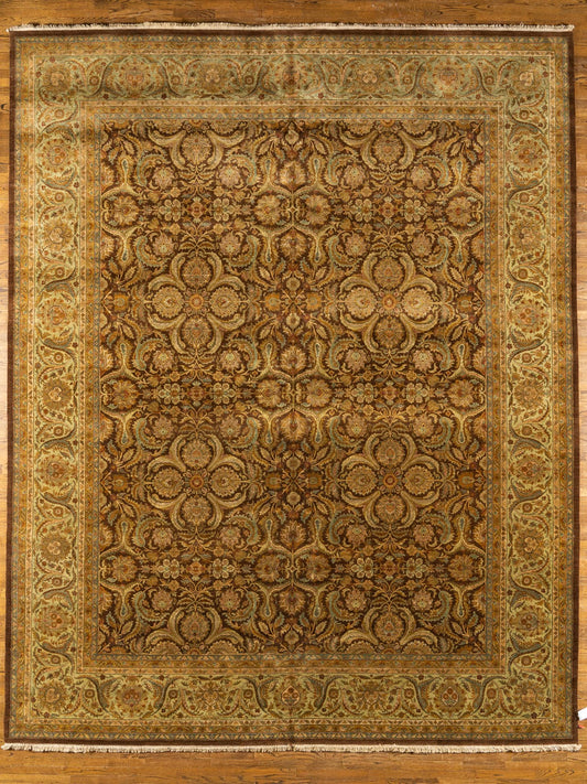 Oversize WOOL RUG, KASHAN, BROWN / GREEN (Rectangle) Origin: INDIA , Hand,knotted