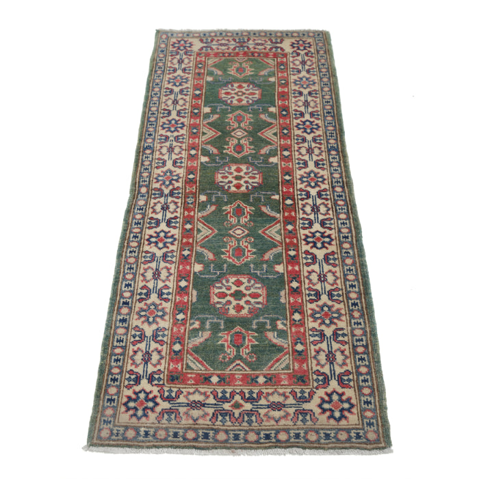 Hand Knotted Kazak Wool Rug - 2' 1" X 5' 8" 2' 1" X 5' 8" (63 X 173) / Green / Wool
