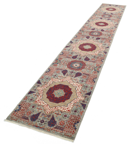 Hand Knotted Mamluk Wool Rug - 2' 6" X 14' 7" 2' 6" X 14' 7" (76 X 444) / Grey / Wool