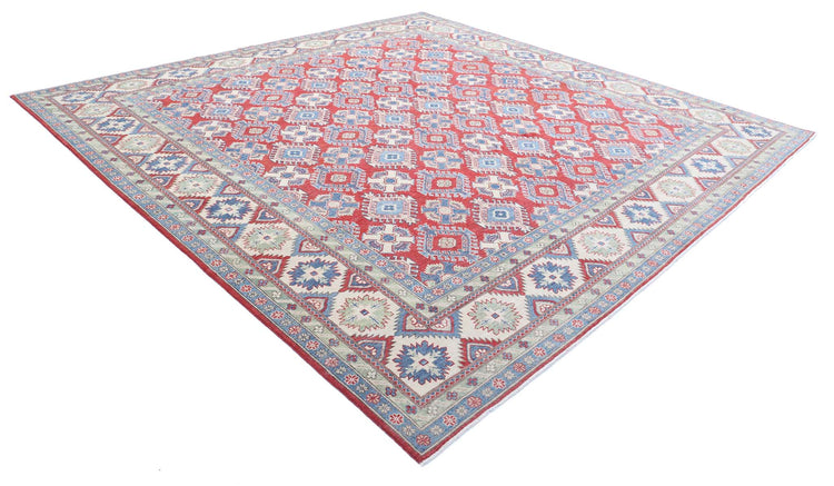 Tribal Hand Knotted Kazak Afzali Kazak Wool Rug of Size 11'8'' X 11'6'' in Red and Ivory Colors - Made in Afghanistan