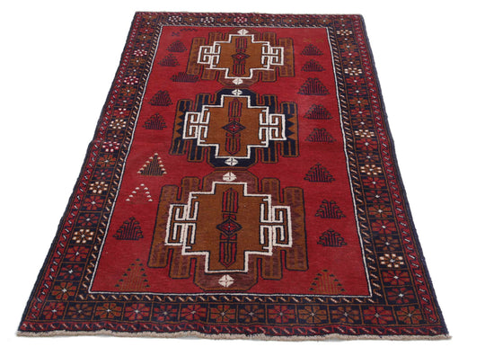 Tribal Hand Knotted Baluch Baluch Wool Rug of Size 3'5'' X 5'9'' in Red and Blue Colors - Made in Afghanistan