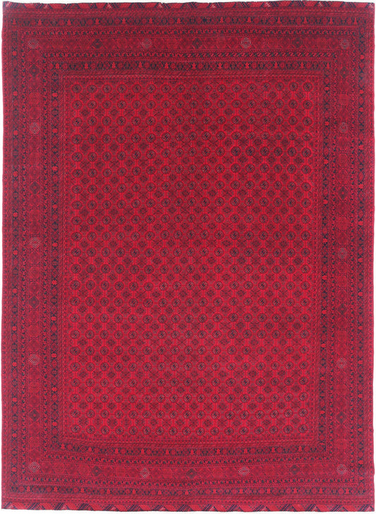 Tribal Hand Knotted Afghan Beljik Wool Rug of Size 7'9'' X 10'8'' in Red and Red Colors - Made in Afghanistan