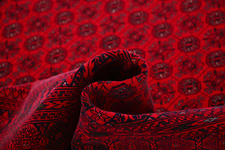 Tribal Hand Knotted Afghan Beljik Wool Rug of Size 6'6'' X 9'6'' in Red and Red Colors - Made in Afghanistan