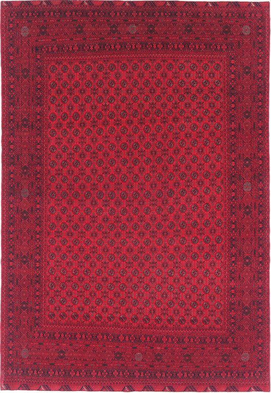Tribal Hand Knotted Afghan Beljik Wool Rug of Size 6'6'' X 9'6'' in Red and Red Colors - Made in Afghanistan