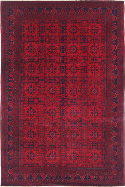 Tribal Hand Knotted Afghan Beljik Wool Rug of Size 6'6'' X 9'8'' in Red and Red Colors - Made in Afghanistan