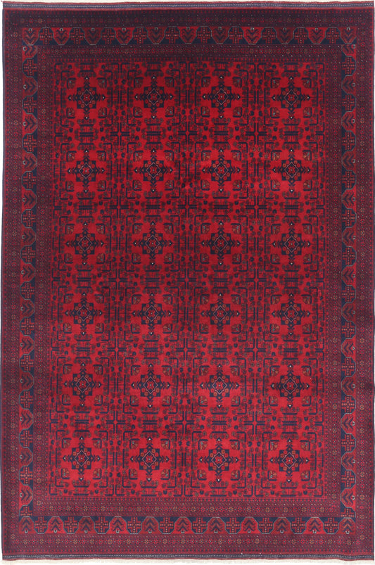 Tribal Hand Knotted Afghan Beljik Wool Rug of Size 6'6'' X 9'8'' in Red and Red Colors - Made in Afghanistan