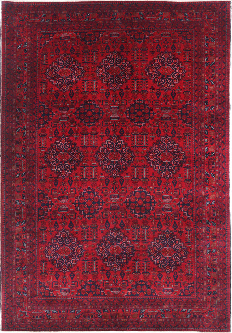 Tribal Hand Knotted Afghan Beljik Wool Rug of Size 6'8'' X 9'9'' in Red and Red Colors - Made in Afghanistan