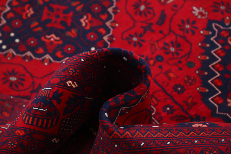 Tribal Hand Knotted Afghan Beljik Wool Rug of Size 6'7'' X 9'6'' in Red and Red Colors - Made in Afghanistan