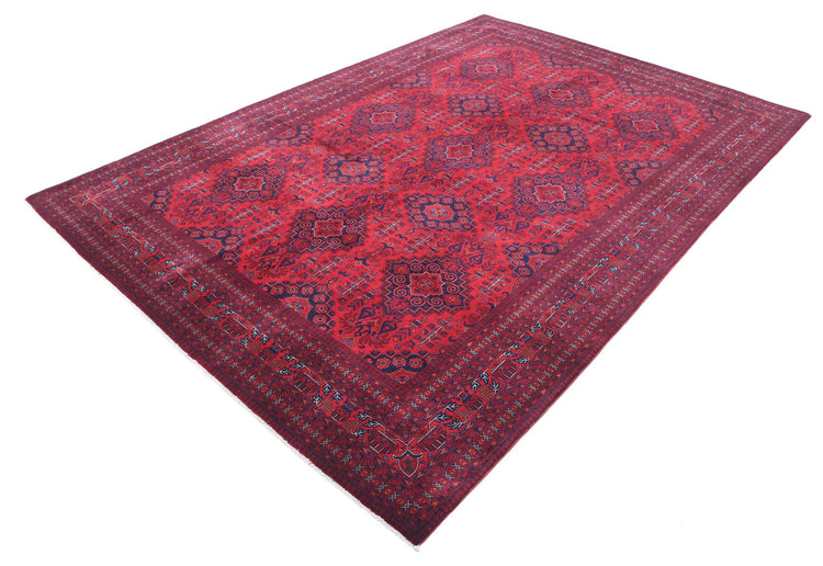 Tribal Hand Knotted Afghan Beljik Wool Rug of Size 6'8'' X 9'8'' in Red and Red Colors - Made in Afghanistan