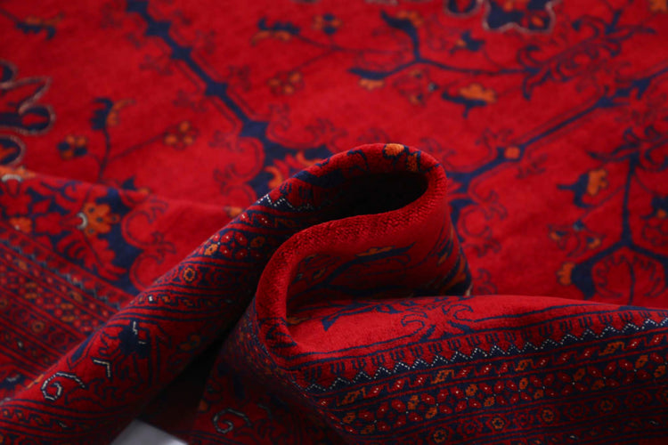 Tribal Hand Knotted Afghan Beljik Wool Rug of Size 6'6'' X 9'5'' in Red and Red Colors - Made in Afghanistan