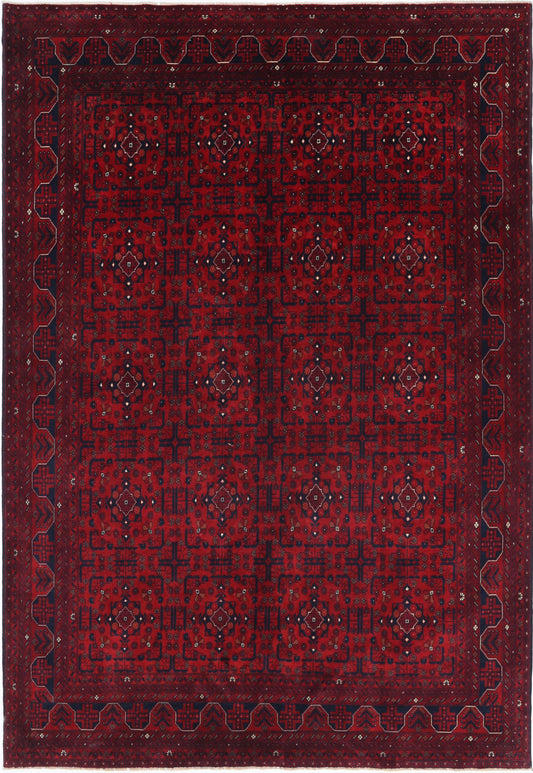 Tribal Hand Knotted Afghan Beljik Wool Rug of Size 6'7'' X 9'8'' in Red and Red Colors - Made in Afghanistan