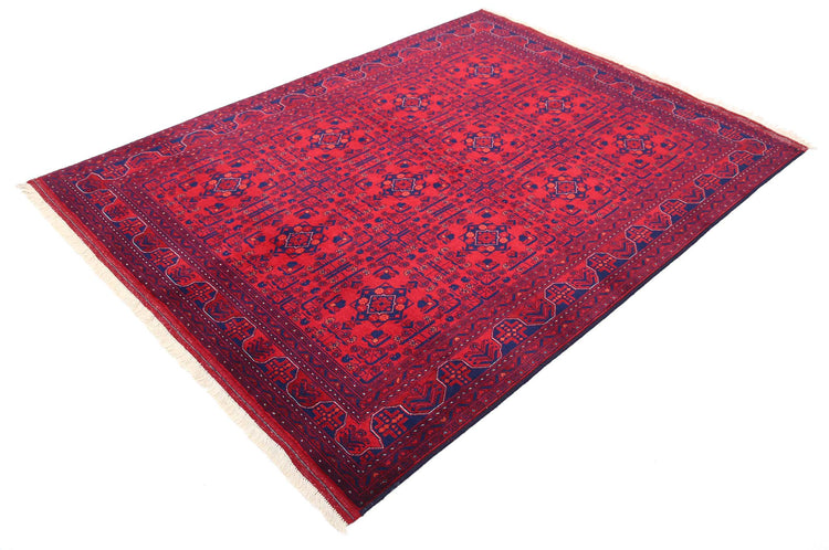Tribal Hand Knotted Afghan Beljik Wool Rug of Size 4'11'' X 6'5'' in Red and Red Colors - Made in Afghanistan