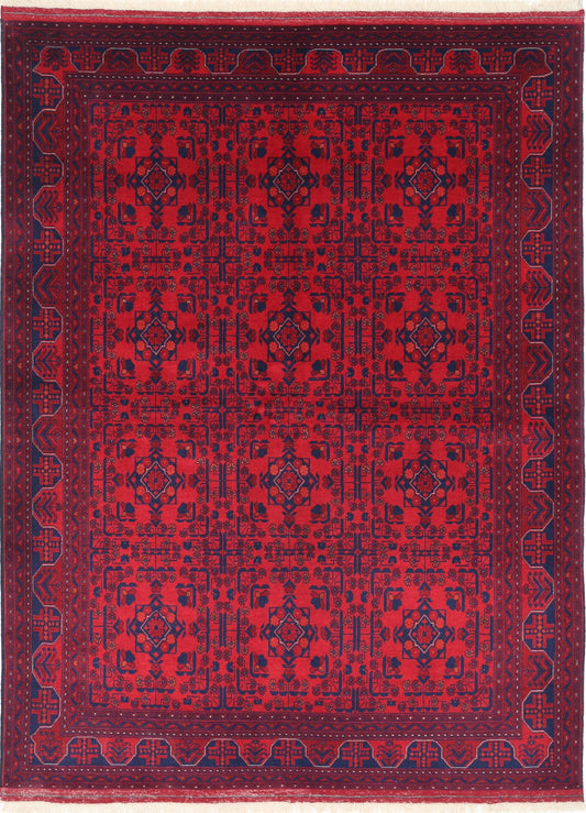 Tribal Hand Knotted Afghan Beljik Wool Rug of Size 4'11'' X 6'5'' in Red and Red Colors - Made in Afghanistan