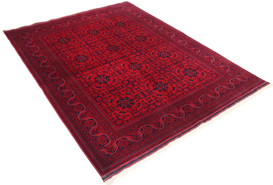 Tribal Hand Knotted Afghan Beljik Wool Rug of Size 5'1'' X 6'5'' in Red and Red Colors - Made in Afghanistan