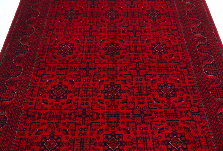 Tribal Hand Knotted Afghan Beljik Wool Rug of Size 5'1'' X 6'5'' in Red and Red Colors - Made in Afghanistan