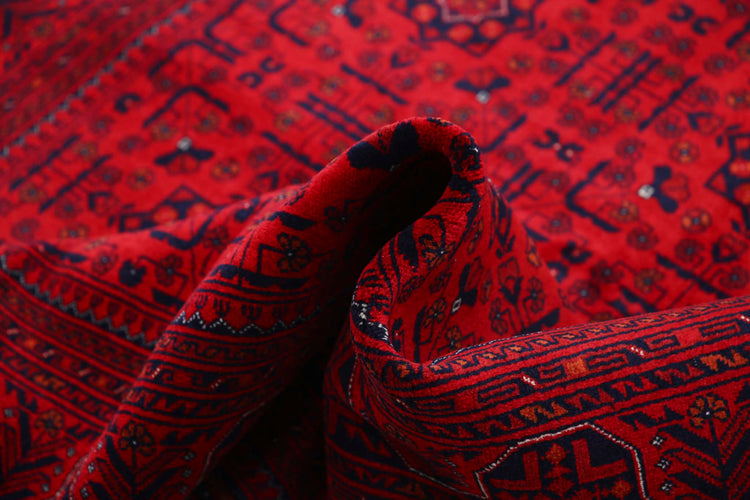 Tribal Hand Knotted Afghan Beljik Wool Rug of Size 5'1'' X 6'5'' in Red and Red Colors - Made in Afghanistan