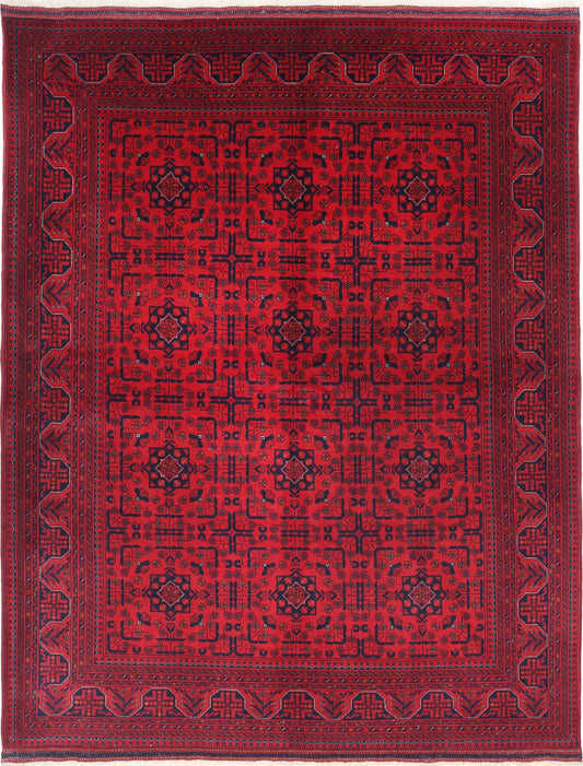 Tribal Hand Knotted Afghan Beljik Wool Rug of Size 5'1'' X 6'5'' in Red and Red Colors - Made in Afghanistan