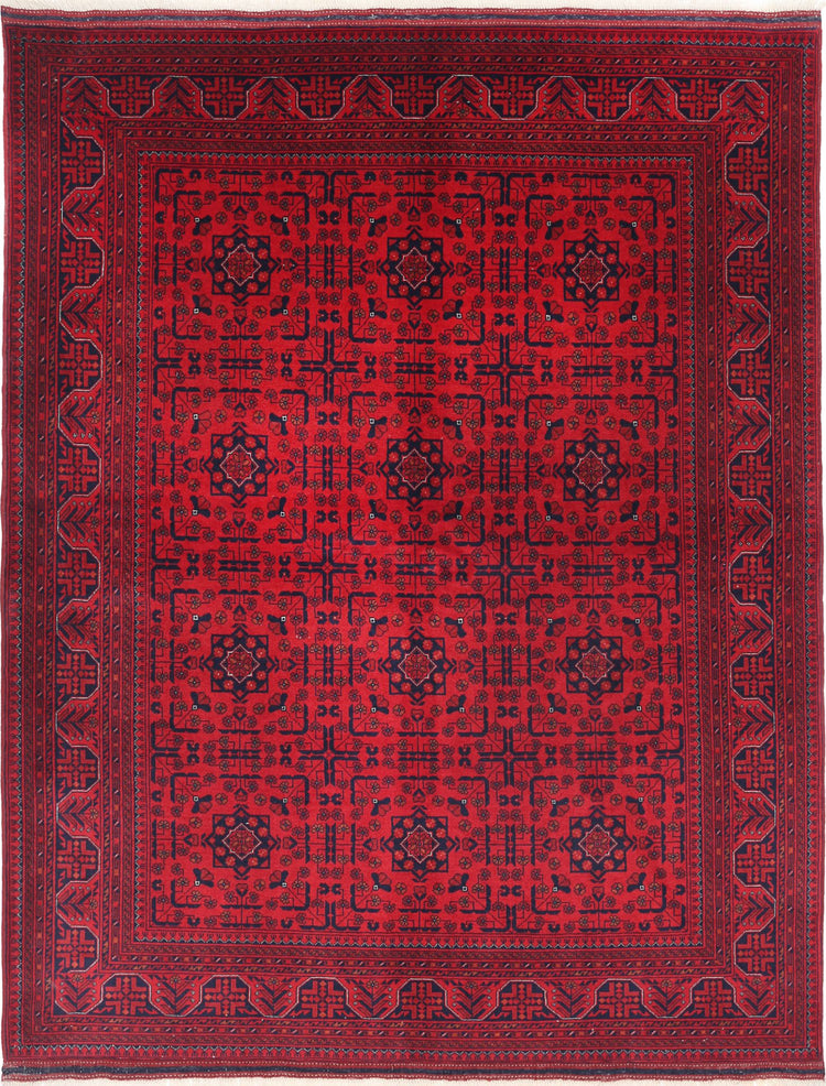 Tribal Hand Knotted Afghan Beljik Wool Rug of Size 5'1'' X 6'5'' in Red and Red Colors - Made in Afghanistan