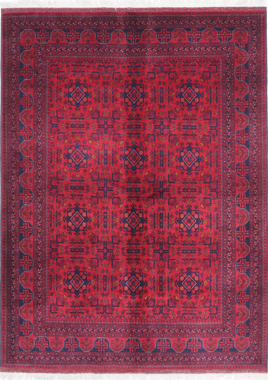 Tribal Hand Knotted Afghan Beljik Wool Rug of Size 4'10'' X 6'5'' in Red and Red Colors - Made in Afghanistan