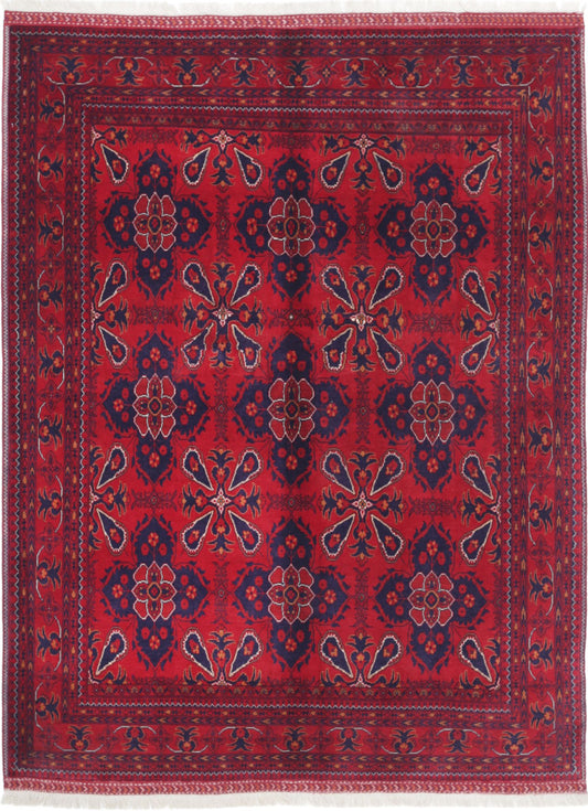 Tribal Hand Knotted Afghan Beljik Wool Rug of Size 4'10'' X 6'3'' in Red and Red Colors - Made in Afghanistan