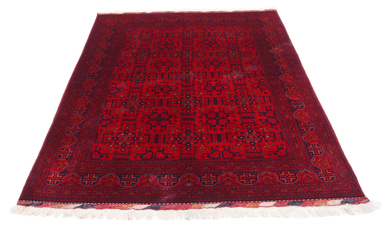 Tribal Hand Knotted Afghan Beljik Wool Rug of Size 5'0'' X 6'5'' in Red and Red Colors - Made in Afghanistan