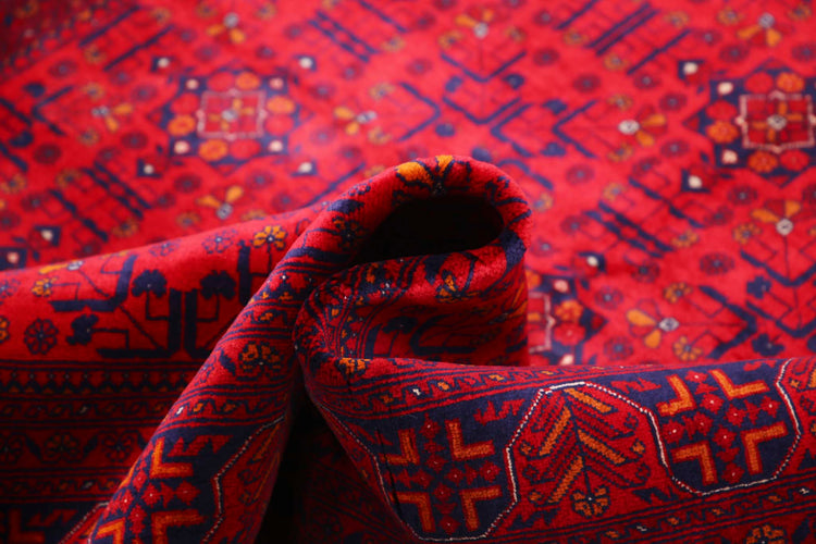 Tribal Hand Knotted Afghan Beljik Wool Rug of Size 5'0'' X 6'5'' in Red and Red Colors - Made in Afghanistan