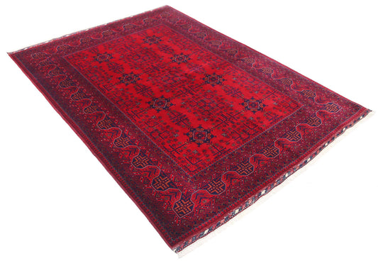 Tribal Hand Knotted Afghan Beljik Wool Rug of Size 5'0'' X 6'7'' in Red and Red Colors - Made in Afghanistan