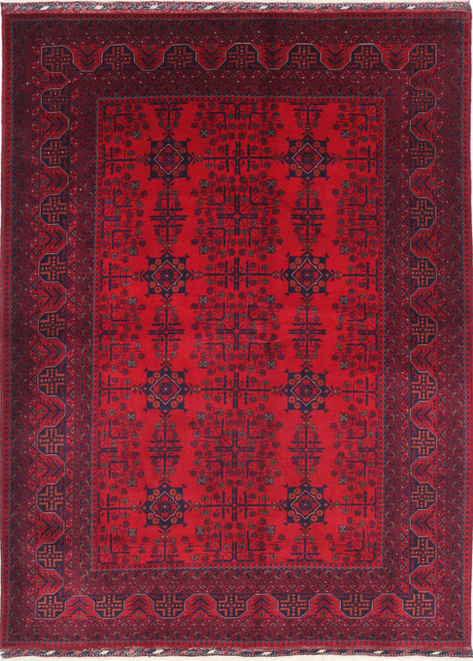 Tribal Hand Knotted Afghan Beljik Wool Rug of Size 5'0'' X 6'7'' in Red and Red Colors - Made in Afghanistan