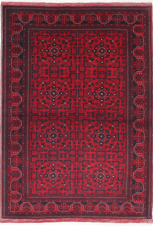 Tribal Hand Knotted Afghan Beljik Wool Rug of Size 3'4'' X 4'9'' in Red and Red Colors - Made in Afghanistan
