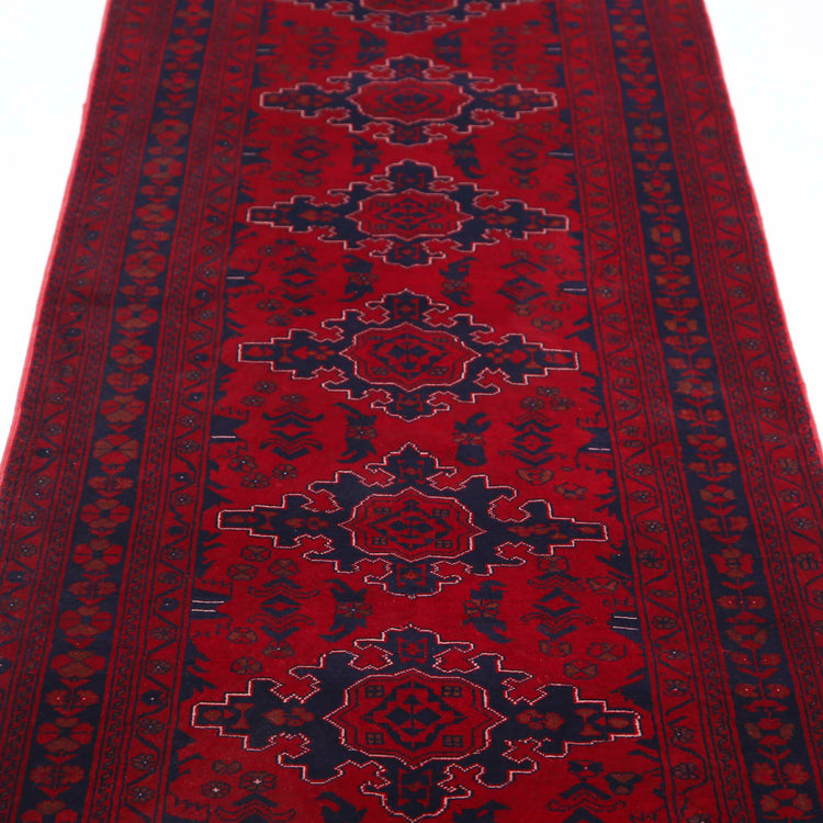 Tribal Hand Knotted Afghan Beljik Wool Rug of Size 2'8'' X 9'4'' in Red and Red Colors - Made in Afghanistan
