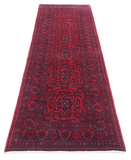 Tribal Hand Knotted Afghan Beljik Wool Rug of Size 2'7'' X 9'6'' in Red and Red Colors - Made in Afghanistan