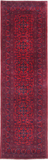 Tribal Hand Knotted Afghan Beljik Wool Rug of Size 2'7'' X 9'6'' in Red and Red Colors - Made in Afghanistan