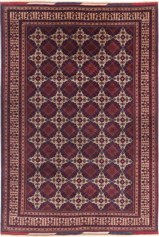 Tribal Hand Knotted Afghan Beljik Wool Rug of Size 6'5'' X 9'6'' in Red and Red Colors - Made in Afghanistan