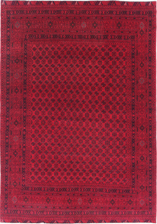 Tribal Hand Knotted Afghan Beljik Wool Rug of Size 6'6'' X 9'5'' in Red and Red Colors - Made in Afghanistan