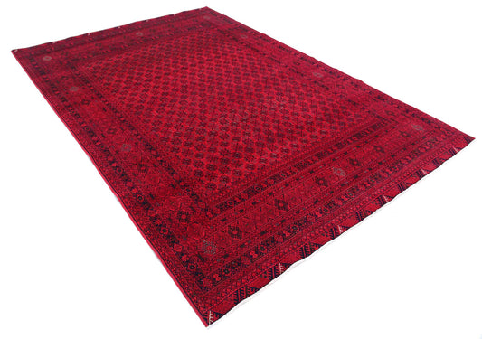 Tribal Hand Knotted Afghan Beljik Wool Rug of Size 6'5'' X 9'5'' in Red and Red Colors - Made in Afghanistan