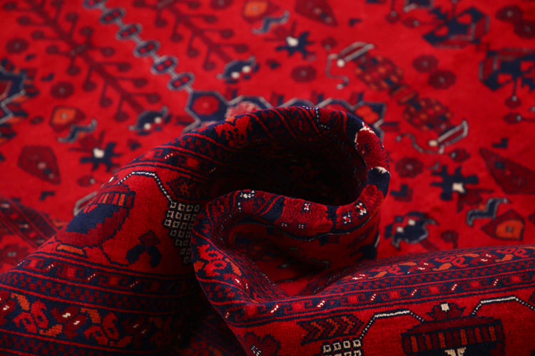 Tribal Hand Knotted Afghan Beljik Wool Rug of Size 6'9'' X 9'5'' in Red and Red Colors - Made in Afghanistan
