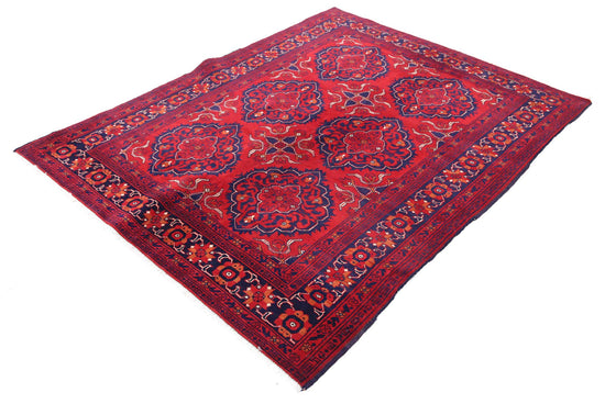 Tribal Hand Knotted Afghan Beljik Wool Rug of Size 4'11'' X 6'4'' in Red and Red Colors - Made in Afghanistan
