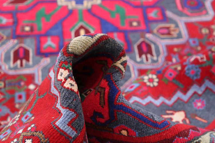 Persian Hand Knotted Bijar Bijar Wool Rug of Size 6'9'' X 11'6'' in Red and Blue Colors - Made in Iran