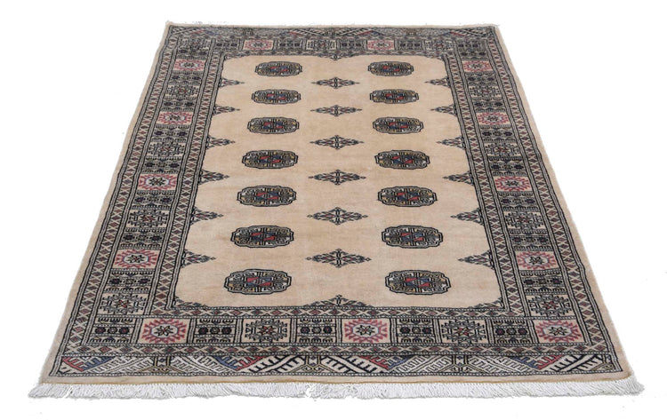 Tribal Hand Knotted Bokhara Bokhara Wool Rug of Size 4'0'' X 5'9'' in Ivory and Black Colors - Made in Pakistan