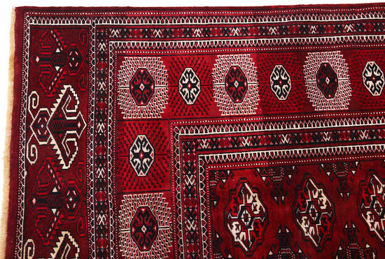 Tribal Hand Knotted Bokhara Bokhara Wool Rug of Size 7'11'' X 12'11'' in Red and Ivory Colors - Made in Turkmenistan