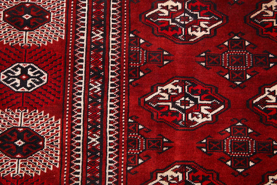 Tribal Hand Knotted Bokhara Bokhara Wool Rug of Size 7'11'' X 12'11'' in Red and Ivory Colors - Made in Turkmenistan