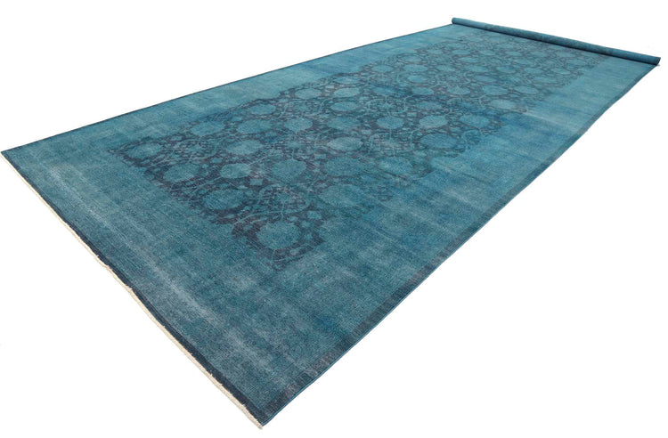 Transitional Hand Knotted Overdyed Farhan Wool Rug of Size 9'9'' X 25'0'' in Teal and Colors - Made in Afghanistan