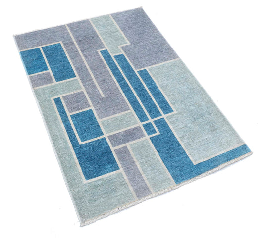 Transitional Hand Knotted Overdyed Farhan Wool Rug of Size 2'9'' X 3'10'' in Grey and Blue Colors - Made in Afghanistan
