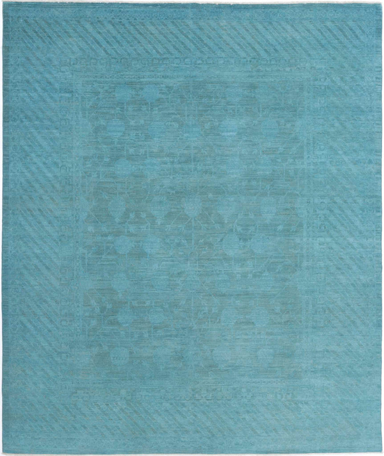 Transitional Hand Knotted Overdyed Farhan Wool Rug of Size 7'9'' X 9'4'' in Teal and Teal Colors - Made in Afghanistan