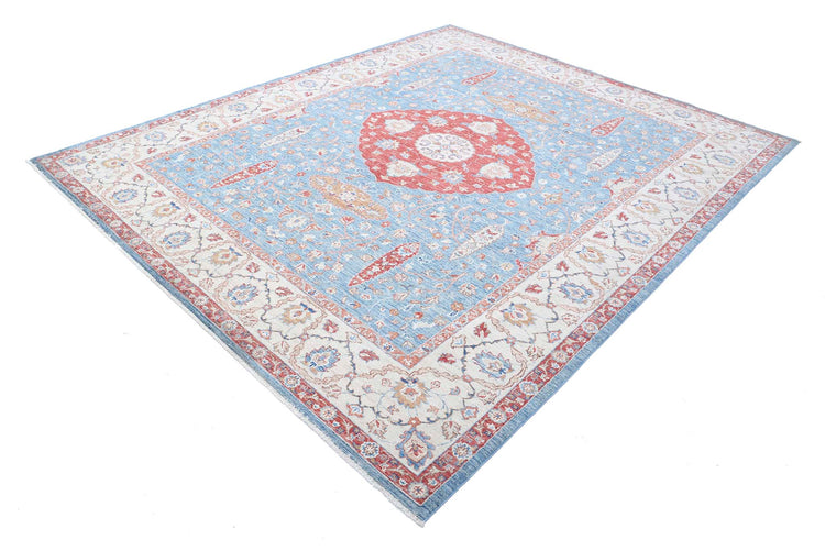 Traditional Hand Knotted Ziegler Farhan Wool Rug of Size 8'0'' X 9'9'' in Blue and Ivory Colors - Made in Afghanistan