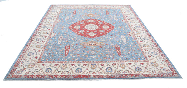 Traditional Hand Knotted Ziegler Farhan Wool Rug of Size 8'0'' X 9'9'' in Blue and Ivory Colors - Made in Afghanistan