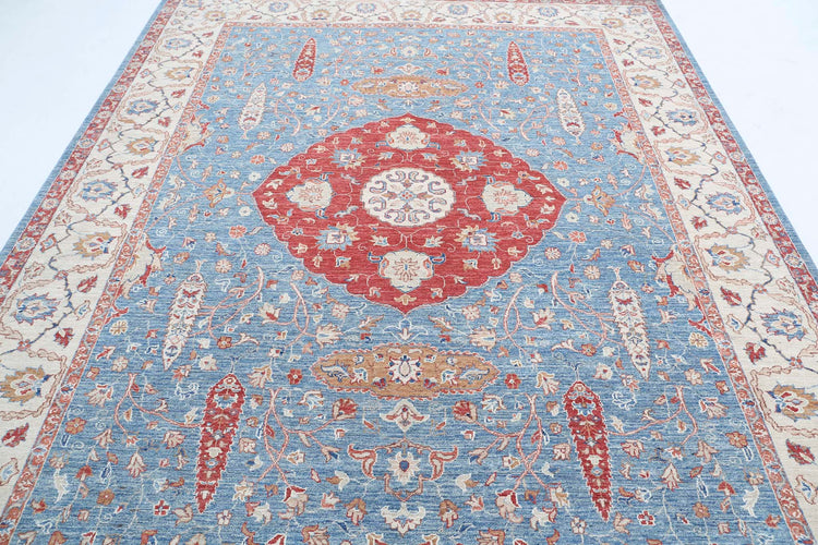 Traditional Hand Knotted Ziegler Farhan Wool Rug of Size 8'0'' X 9'9'' in Blue and Ivory Colors - Made in Afghanistan
